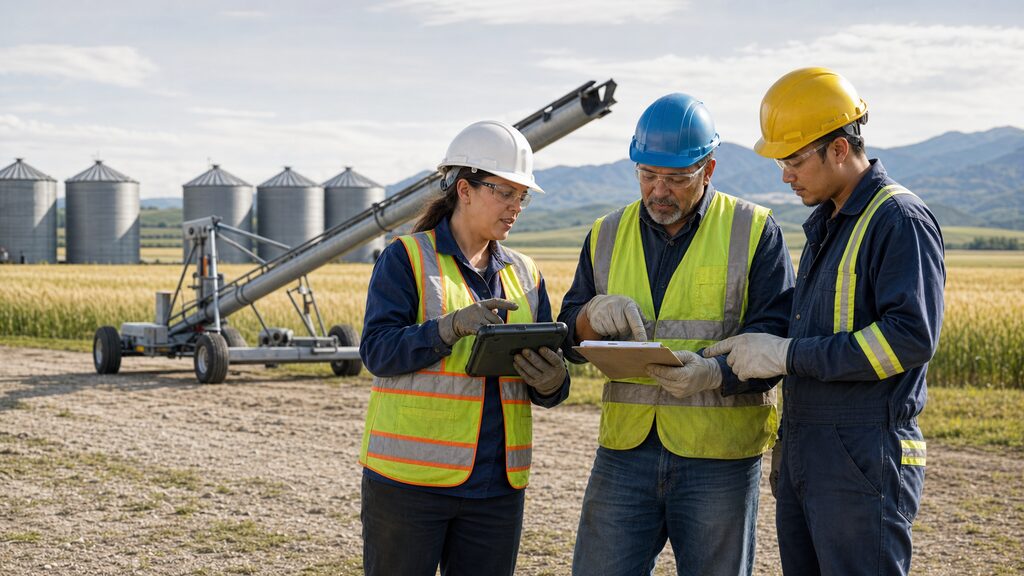 Three agricultural workers review a field safety checklist beside parked grain-handling equipment.