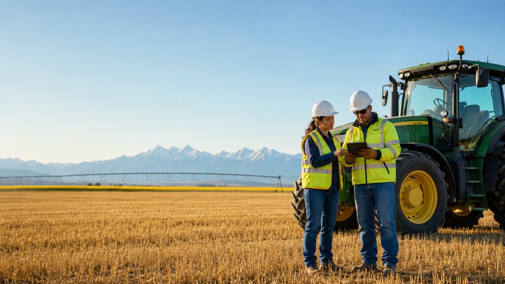 Farm workers review a field safety checklist beside parked equipment on Southern Alberta prairie.